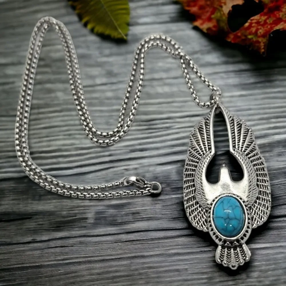 Eagle Wing Turquoise Necklace Thunderbird Western Tribal Stainless Steel Pendant